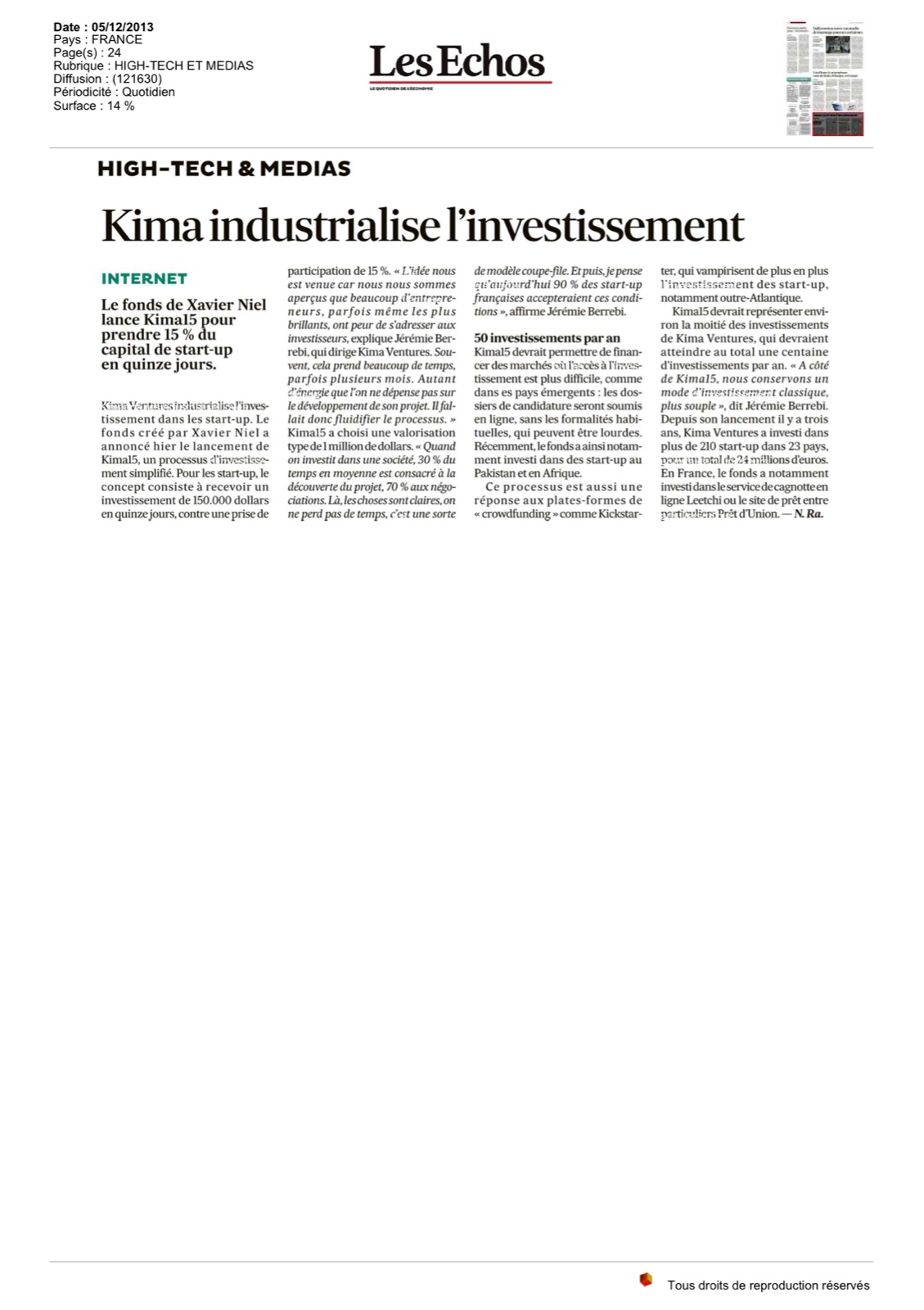 Les Echos - Kima industrialise l'investissement